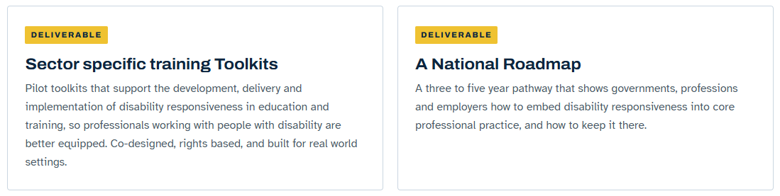Disability Responsiveness Program deliverables infographic with information on sector specific training toolkits and a national roadmap