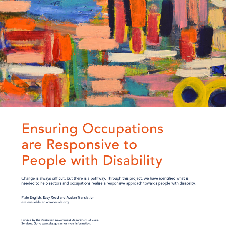 ACOLA-DSS-Cover-Report Image of the cover page of ACOLA's report on ensuring occupations are responsive to people with disability. The top of the image contains a colourful painting with horizontal and vertical lines and circles by Darren Hooper, an artist with disability, titled Untitled